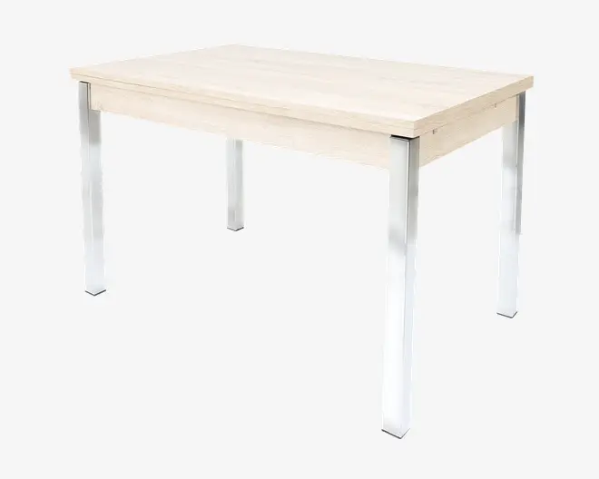 Rektangulært bord med en lys træbordplade og solide, lige ben i sølvfarvet metal. Designet er minimalistisk og moderne med rene linjer og en glat overflade. Bordet fremstår rummeligt og egner sig til forskellige formål som spisning, arbejde eller studier.