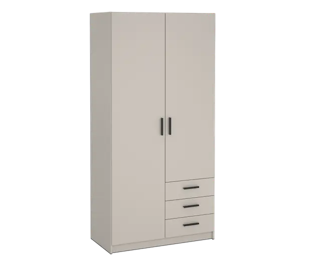 Høj, rektangulær opbevaringsenhed med en glat, lysebeige overflade. Har to lodrette låger med sorte greb øverst samt tre vandrette skuffer med tilsvarende sorte greb nederst til højre. Designet er moderne og minimalistisk med rene linjer og en flad top.