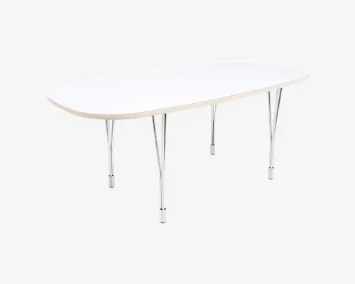 Ovalt bord med en glat, hvid bordplade og en lys træ-kant. Bordet understøttes af seks slanke ben i kromfinish, som giver stabilitet og et moderne udtryk. Designet er minimalistisk og passer godt til moderne indretning.