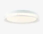 Rund loftlampe med hvid, mat diffuser og et dekorativt bånd langs kanten med et krystal-lignende, tekstureret mønster. Lampen har et lavt design, der giver jævn og blød belysning, velegnet til moderne indretning.