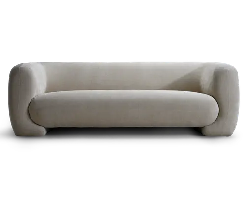 Lavt polstret sidemøbel i lysebeige stof med afrundede armlæn, dybt polstret sæde og et rent, minimalistisk udtryk.