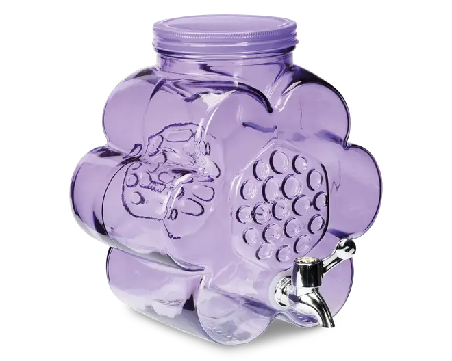 En gennemsigtig drikkedispenser med lilla nuance og blomstret form. Kroppen har præget motiv af vindrueklaser og en metalhane til nem udskænkning. Dispenseren har et bredt skruelåg øverst, hvilket gør den let at fylde og rengøre.