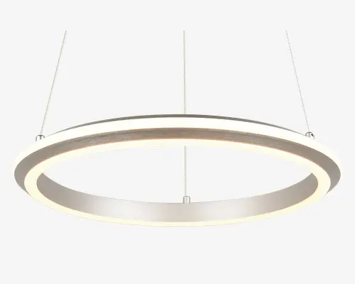 Et moderne, cirkulært pendellys med et slankt, minimalistisk design. Lampen har en bred, flad ring med integreret LED-belysning langs den indvendige kant, hvilket giver jævn belysning. Den hænger fra loftet i tre tynde metalwirer, hvilket giver et svævende udtryk. Overfladen er mat hvid og passer godt til moderne indretning.