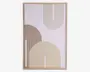 Rektangulært vægkunst med et minimalistisk geometrisk design, der viser tre store, bueformede mønstre lavet af tynde, parallelle linjer. Buernes farver er beige, brun og lysegrå, og de er placeret på en hvid baggrund. Kunstværket er indrammet med en lys træramme, hvilket giver et moderne og stilrent udtryk.