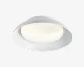 Hvid oval loftlampe med en lav rund ramme og en glat, matteret diffuser i midten.