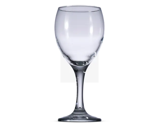 Klar glas med rundet skål, slank stilk og flad, cirkulær fod. Skålen er rummelig og egnet til at holde væsker, mens stilken gør det nemt at håndtere glasset uden at opvarme indholdet. Glasset har en glat, poleret overflade og et klassisk, elegant design.