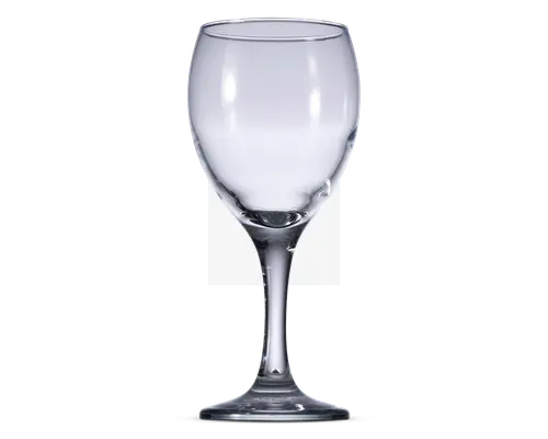 Klar glas med rundet skål, slank stilk og flad, cirkulær fod. Skålen er rummelig og egnet til at holde væsker, mens stilken gør det nemt at håndtere glasset uden at opvarme indholdet. Glasset har en glat, poleret overflade og et klassisk, elegant design.