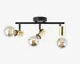 Loftmonteret lampearmatur med tre synlige runde pærer, hver fastgjort i en cylindrisk fatning i guldfarve. Pærerne er placeret på en vandret sort metalstang, hvor hver fatning er vinklet i forskellige retninger for justerbar belysning. Armaturet har et moderne, industrielt design med synlige glødetråde i pærerne og en mat sort, rund base til montering.