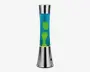 Lampen har en elegant, sølvfarvet metalfod og top med en cylindrisk glasbeholder fyldt med blå væske. Indeni danner lys grøn voks organiske, flydende former, der bevæger sig og ændrer sig, når lampen er tændt. Det moderne og iøjnefaldende design gør den til et dekorativt element i ethvert rum.