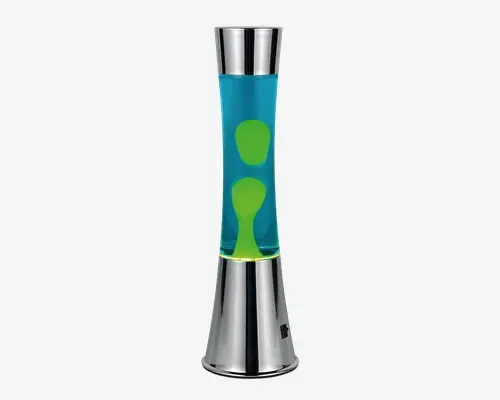 Lampen har en elegant, sølvfarvet metalfod og top med en cylindrisk glasbeholder fyldt med blå væske. Indeni danner lys grøn voks organiske, flydende former, der bevæger sig og ændrer sig, når lampen er tændt. Det moderne og iøjnefaldende design gør den til et dekorativt element i ethvert rum.