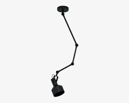Loftmonteret lampe med mat sort finish, udstyret med en justerbar arm med to drejepunkter for fleksibel placering. Lampeskærmen er cylindrisk og kan rettes i den ønskede retning, hvilket gør den velegnet til arbejds- eller stemningsbelysning. Designet er moderne og minimalistisk, ideelt til nutidige indretninger.