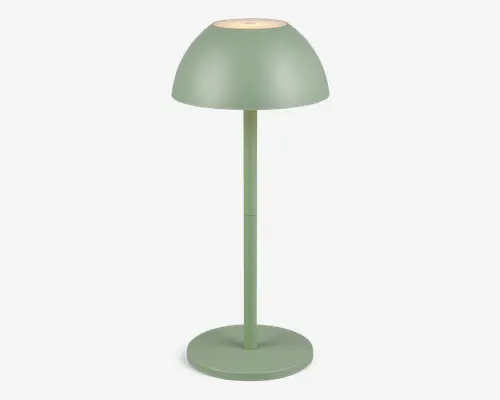 Elegant, moderne lampe med mat salviegrøn finish. Lampen har en kuppelformet skærm, lige cylindrisk stang og en rund, stabil fod. Lyset udsendes fra åbningen i toppen og giver et blødt, stemningsfuldt skær. Minimalistisk design, der passer til nutidige indretninger.