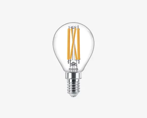Klar glaspære med synligt filamentdesign, der har fire lodrette gule LED-filamenter indeni. Pæren har en blank, metallisk skruesokkel og en rund form, hvilket giver et klassisk udseende med moderne LED-teknologi.