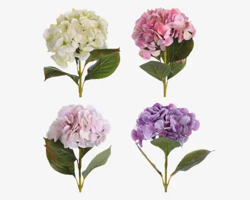 Sæt med fire kunstige hortensiagrene, hver med en stor, rund blomsterklase. Blomsterne findes i fire forskellige farver: lysegrøn, pink, lyserød og lilla. Hver gren har flere realistiske grønne blade med synlige årer, og kronbladene har en blød, naturlig farveovergang. Grenene er korte og robuste, velegnede til små vaser eller buketter.