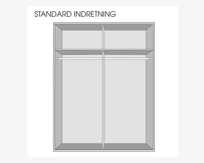 Billedet viser en garderobeindretning med to lodrette sektioner. Hver sektion har en øverste hylde og en bøjlestang nedenunder, hvilket giver plads til ophængning af tøj og opbevaring af ting ovenover. Designet er symmetrisk og enkelt uden skuffer eller ekstra rum.