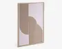 Rektangulært vægkunst med et minimalistisk geometrisk design, hvor guld- eller messingfarvede parallelle linjer danner krydsende buer og lige segmenter på en hvid baggrund. Kunstværket er indrammet med en lys træramme, hvilket giver det et moderne og enkelt udtryk.