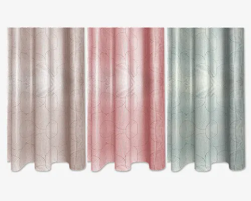 Tre stofpaneler vises, hver med et moderne geometrisk mønster af overlappende afrundede rektangler og linjer. Det første panel er i en blød beige farve, det andet i en afdæmpet rosa, og det tredje i en lys teal. Stoffet har en diskret glans, og mønstret er let hævet, hvilket giver et tekstureret udtryk. Panelerne er plisserede foroven, så de falder elegant.