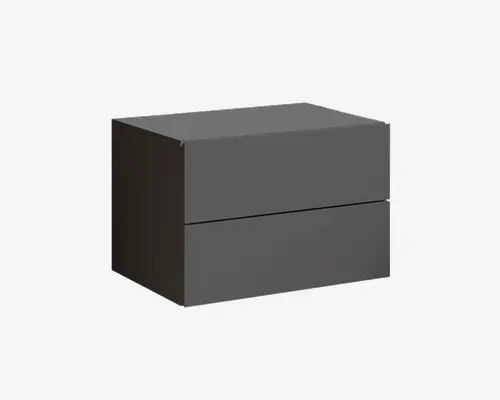 En moderne, rektangulær opbevaringsenhed med mat, mørkegrå finish. Den har to rummelige skuffer med grebsfri, glat front for et minimalistisk udtryk. Kanterne er skarpe og rene, hvilket giver et moderne udseende.