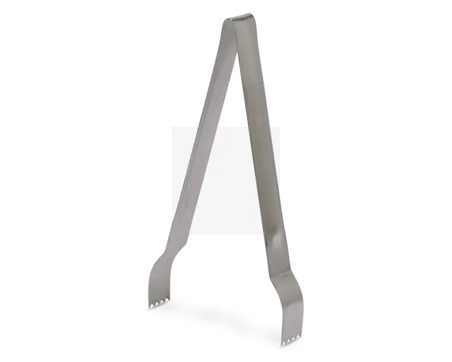 Et par serveringstang i rustfrit stål med et enkelt, ét-styks design. Enderne er let buede og har små, takkede tænder for at give et sikkert greb om madvarer. Overfladen har en børstet metalfinish, og tangen er let og nem at håndtere.