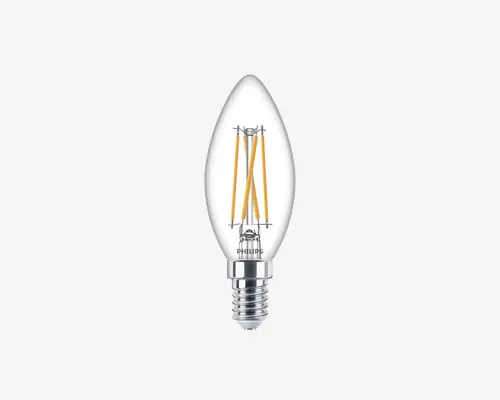 Klar, stearinlysformet LED-pære med synlig filamentdesign og lille skruesokkel (E14). Pæren har et gennemsigtigt glas og udsender et varmt lys, velegnet til dekorative lamper. Mærkets logo er trykt nær soklen.