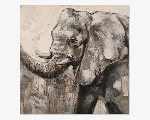 Et tekstureret maleri af en elefant, gengivet i nuancer af grå, hvid og sort. Elefanten ses fra siden med snablen løftet og krøllet. Penselstrøgene er markante og udtryksfulde, hvilket giver kunstværket et dynamisk og let abstrakt udtryk. Baggrunden er lys med synlige penselstrukturer, som komplementerer elefantens form.