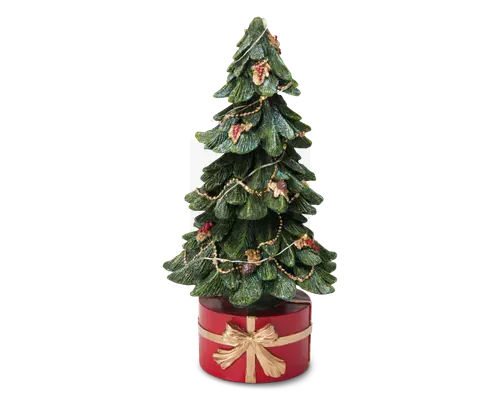 Dekorativ genstand formet som et juletræ med detaljerede grønne grene, teksturerede nåle og små røde og gyldne dekorationer, der ligner ornamenter og kristtorn. Træet er pyntet med en guldfarvet guirlande og står på en rund, rød base, der ligner en gaveæske med et gyldent bånd og sløjfe. Overfladen har et let glimtende finish, som giver et festligt udtryk.