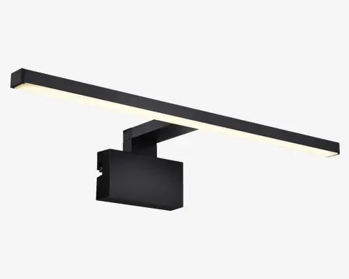 Elegant, moderne vægmonteret lampe med mat sort finish. Lampen har en lang, horisontal LED-lysstang, der giver jævn belysning. Armaturet har en rektangulær base og et minimalistisk design, hvilket gør det velegnet til moderne indretning. Lysstangen er slank og udsender et blødt, diffust lys.