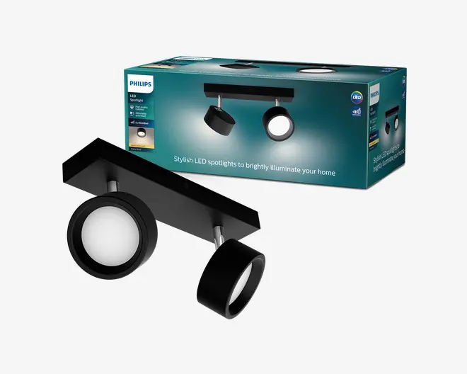 Sort Philips loftspot med en rektangulær monteringsskinne og to justerbare runde lampehoveder med hvide diffusorer, vist sammen med den turkise produktæske.