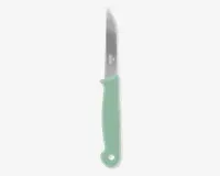En lille kniv med et lige, rustfrit stålblad og en spids ende. Håndtaget er lysegrønt, ergonomisk formet for et behageligt greb og har et hul i enden til ophængning eller nem opbevaring.