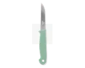 En lille kniv med et lige, rustfrit stålblad og en spids ende. Håndtaget er lysegrønt, ergonomisk formet for et behageligt greb og har et hul i enden til ophængning eller nem opbevaring.