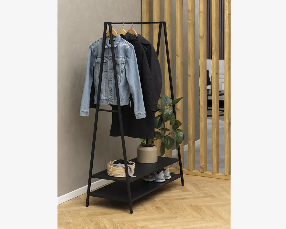 Garderobestativ med 2 hylder sort