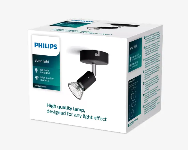 Hvid Philips-emballage med turkise detaljer, der viser en sort, justerbar spotlampe, mærket "Spot light", "No bulb included" og "High quality material" samt teksten "High quality lamp, designed for any light effect."