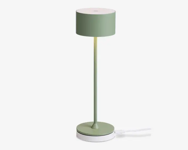 En moderne bordlampe med mat salviegrøn finish. Lampen har en cylindrisk lampeskærm, en slank lige stang og en rund fod med en hvid accentring. Designet er minimalistisk, og lampen har en synlig hvid ledning til strøm.