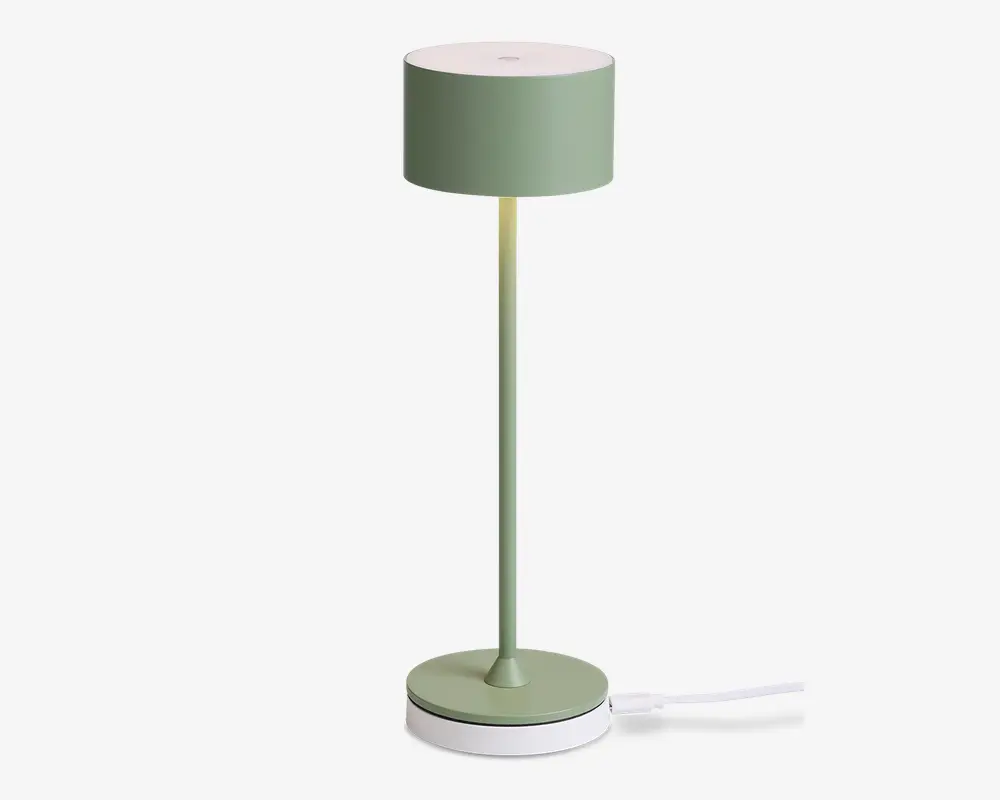 En moderne bordlampe med mat salviegrøn finish. Lampen har en cylindrisk lampeskærm, en slank lige stang og en rund fod med en hvid accentring. Designet er minimalistisk, og lampen har en synlig hvid ledning til strøm.