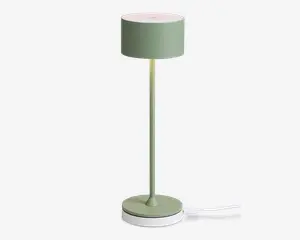 En moderne bordlampe med mat salviegrøn finish. Lampen har en cylindrisk lampeskærm, en slank lige stang og en rund fod med en hvid accentring. Designet er minimalistisk, og lampen har en synlig hvid ledning til strøm.