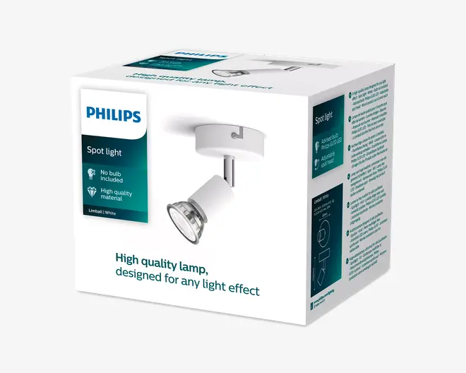 Philips spotlysarmatur i hvid, vist på emballagen med et enkelt justerbart lampehoved og teksten om, at pære ikke medfølger.