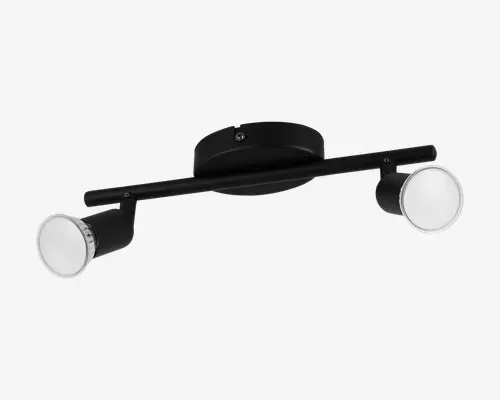 Moderne loftlampe med mat sort finish, der har to justerbare cylindriske spots monteret på en lige stang. Hver spot har en mat linse for blød belysning og en diskret metallisk ring nær linsen. Lampen er fastgjort til en rund base for sikker montering i loftet.