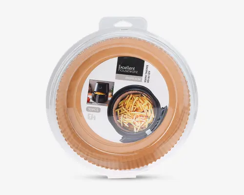 Runde, brune bagepapir-indlæg pakket i en klar plastikbeholder. Indlæggene er designet til airfryere og måler 20 cm i diameter og 4,5 cm i højden. Emballagen viser et billede af pommes frites i en airfryer-kurv, hvilket indikerer, at de bruges til nem rengøring og non-stick madlavning. Pakken indeholder 50 styk.