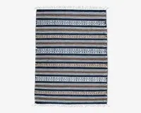 Rektangulært vævet tekstil med horisontale striber i blå, brune, beige og hvide nuancer. Mønstret veksler mellem ensfarvede striber og geometriske diamantmotiver. Begge korte ender har hvide frynser.