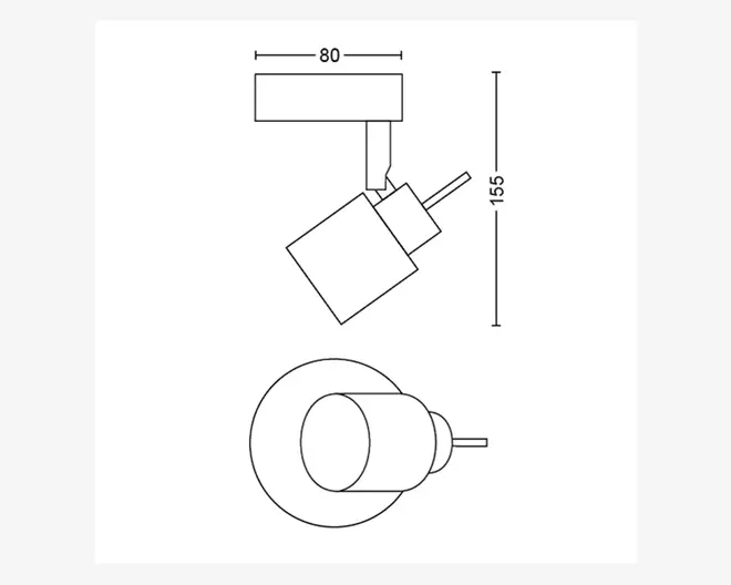 Teknisk tegning, der viser dimensioner og design af en loftmonteret spotlampe. Spotlampen har en rektangulær base med en bredde på 80 mm, og den samlede højde fra basen til enden af lampen er 155 mm. Lampens hoved er cylindrisk og fastgjort til basen via en kort arm, hvilket muliggør justering af lysets retning. Tegningen indeholder både et side- og et topview, som illustrerer lampens form og proportioner.