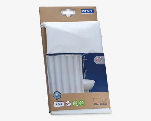 Hvidt badeforhæng fremstillet af PEVA-materiale, fri for PVC og miljøvenligt. Forhænget måler 180 x 200 cm og passer til brug med 12 forhængsringe (medfølger ikke). Emballagen viser et enkelt, ensfarvet hvidt design, der passer til forskellige badeværelsesstile.