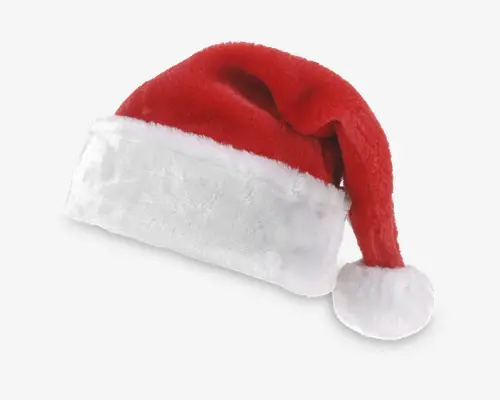 En festlig hue lavet af blødt, plysset materiale med en klar rød top, bred, fluffy hvid kant og en stor hvid kvast for enden. Huen har en klassisk, let slasket form, der giver et hyggeligt og muntert udtryk.