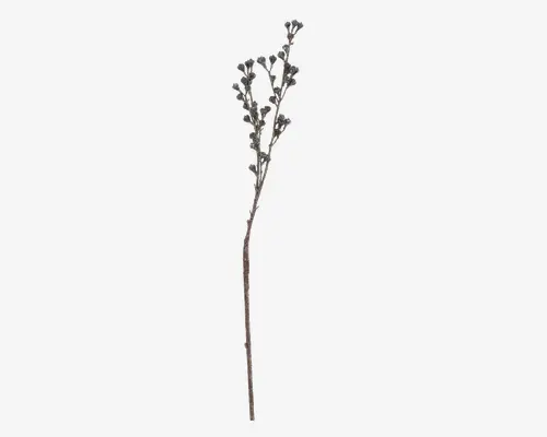 Kunstig dekorativ gren med flere tynde stængler, hver pyntet med små, runde, klare perler, der ligner vanddråber eller krystaller. Perlerne er jævnt fordelt langs grenene og giver et funklende, elegant udseende. Stænglen er lang og slank, velegnet til brug i blomsterarrangementer eller som en selvstændig dekorativ detalje.