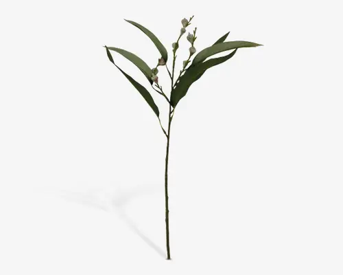 Kunstig eucalyptusgren med lange, smalle grønne blade og små, runde knopper. Stænglen er tynd og fleksibel, hvilket gør den velegnet til blomsterdekorationer eller som dekorativt element. Bladene har en realistisk tekstur og naturlige farvenuancer, hvilket giver et livagtigt udtryk.