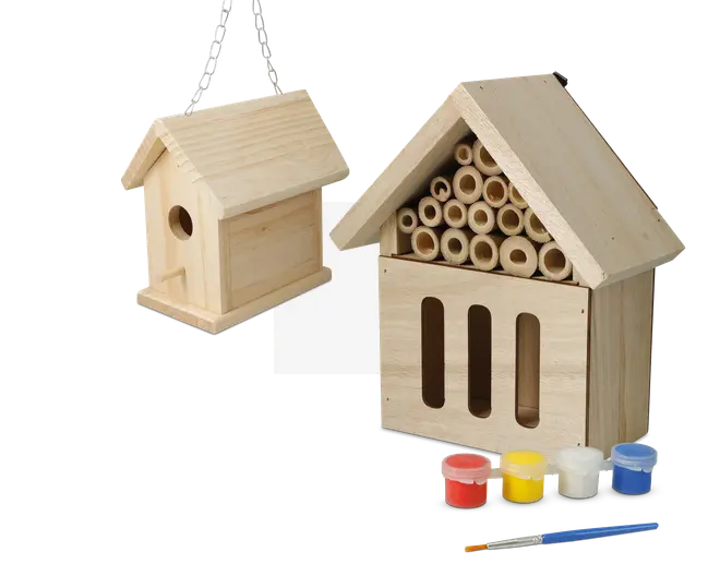 To ubehandlede træhuse vises. Det første er et lille fuglehus med sadeltag, et rundt indgangshul og en siddepind under hullet. Det hænger i en metal kæde. Det andet er et større hus med trekantet tag, fyldt med hule bambusrør i den øverste del og tre lodrette åbninger i den nederste del, beregnet til insekter. Foran husene ligger fire små malerbøtter i rød, gul, hvid og blå samt en tynd pensel, hvilket indikerer, at husene kan dekoreres.