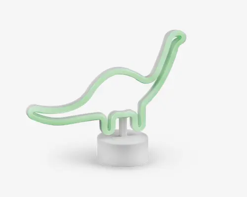 Neonlys formet som en dinosaur, lavet af et sammenhængende grønt lysrør, der markerer kroppen, den lange hals og halen. Lyset står på en enkel, rund, hvid base, hvilket giver et moderne og legende udtryk. Designet er minimalistisk med bløde kurver og et blidt skær, velegnet som dekoration på børneværelser eller i opholdsrum.
