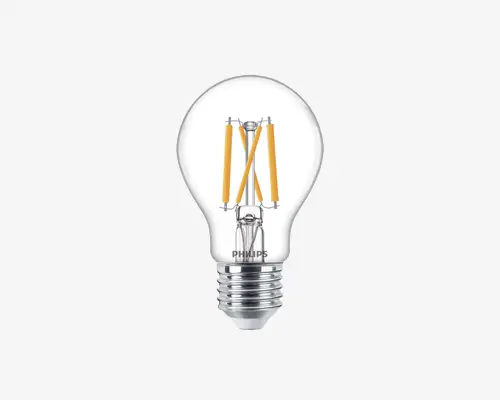Klar glaspære med klassisk rund form, der har fire synlige gule LED-filamenter placeret lodret indeni. Soklen er af metal med standard skruefatning. Designet ligner en traditionel glødepære, men bruger energieffektiv LED-teknologi.