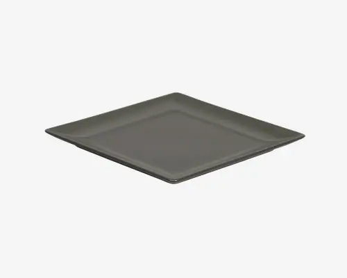 Firkantet tallerken med mat mørkegrå finish, let hævede kanter og et glat, minimalistisk design. Tallerkenen har en flad overflade, hvilket gør den velegnet til servering af forskellige retter, og det moderne udseende passer godt til nutidige borddækninger.