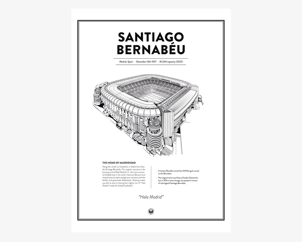 Minimalistisk sort-hvid kunsttryk med en detaljeret arkitektonisk illustration af Santiago Bernabéu-stadionet, med fed overskrift øverst. Trykket indeholder nøgleoplysninger som placering (Madrid, Spanien), åbningsdato (14. december 1947) og kapacitet (81.044 i 2023). Under illustrationen er der et afsnit med historiske højdepunkter og bemærkelsesværdige præstationer forbundet med stadionet samt citatet 'Hala Madrid'. Designet er enkelt med en tynd sort ramme og centreret layout, velegnet til indramning.