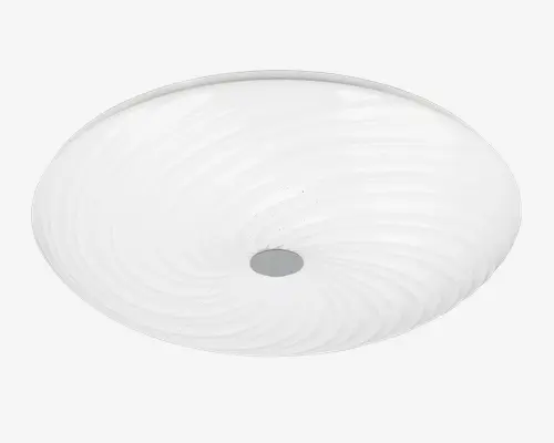 Rundt loftarmatur med en let buet, mat hvid glasskærm. Glasset har et diskret, snoet mønster, der giver et elegant udtryk. Midten er prydet med en lille, rund metalplade. Designet er minimalistisk og moderne, hvilket gør det velegnet til mange forskellige indretninger.